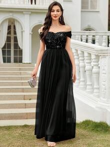 CHOSMO Đầm dạ hội đen thanh lịch dành cho học sinh trung học, đầm dự tiệc, đầm trang trọng với chất liệu vải dệt kim, hở lưng, phối lưới, điểm nhấn sequin, phù hợp cho đám cưới, tiệc tùng, sinh nhật, lễ tốt nghiệp, hòa nhạc, các sự kiện trang trọng mùa xuân. - màu đen - Xem 5