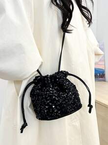 Túi nhỏ thanh lịch, đính sequin tinh tế kiểu cổ điển, túi may mắn mới, trang sức ngọc trai cá nhân hóa, phong cách phương Tây đa năng, túi đeo chéo nhỏ gọn dành cho nữ. - màu đen - Xem 10