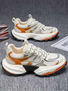 Men's Sneakers 2025 Summer New Thick-Sole Non-Slip Wear-Resistant Low-Top Round-Toe Lace-Up Men's Chunky Sneakers Gradient Outsole Fashionable Versatile Soft Comfortable Men's Running Shoes Leather And Mesh Combination Suitable For Outdoor, Daily Commute, Casual Wear, Young Men