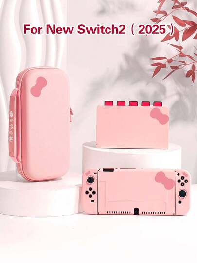 1 Vỏ bảo vệ công tắc thiết kế nơ dễ thương, tương thích với Switch 2 (2025), phù hợp với Switch OLED/Switch NS/Lite, có túi đựng, đế khe cắm thẻ, hộp đựng thẻ trò chơi, vỏ bảo vệ máy chơi game Switch, quà tặng cho người chơi Switch