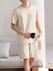 AICJ 男士休闲纯色宽松圆领短袖T恤短裤两件套家居服，春夏款 - 卡其色 - 查看 4
