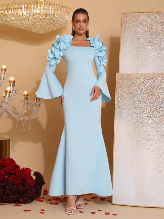 Modphy New Elegant 3D Floral Decor V-Neck Sleeveless Maxi Dress, Sexy Back Design, For Wedding Guests, Bridesmaids, Holiday Party, Women Formal Evening Gown