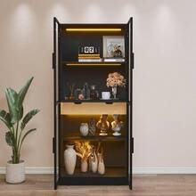 HLR Display Cabinet With Glass Doors Tall Storage Cabinet With 3 Color Lights Curio Display Case With 4Tier Storage Shelves And Drawer For Collectibles Living Room Home Office - Black - View 6