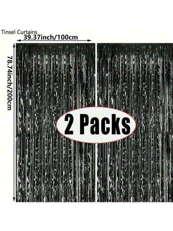 2/4/5pcs Black Metallic Foil Fringe Curtain, Party Background, Birthday Party, Wedding Decoration, Gifts