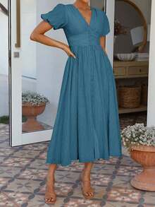 Gaun Wanita PoPoHouse Warna Polos Elegan Leher V Lengan Mengembang, Cocok untuk Pakaian Liburan, Musim Semi/Panas - Baby Blue - View 7