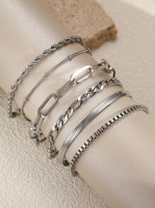 6pcs Set Simple Stainless Steel Twist Chain Bracelets, Suitable For Women's Daily Wear