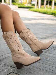Damen bestickte Knöchel-Stiefel, neue Chunky Heel Retro Cowboy Stiefel für Frühling/Herbst, in Khaki Farbe, perforiert und atmungsaktiv, vielseitig einsetzbar
