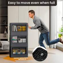 带旋转锁的可折叠储物箱，带门和轮子的塑料储物箱，可堆叠储物箱壁橱整理器，可折叠整理衣柜、家庭、厨房、办公室、宿舍、圣诞礼物，白色/黑色储物箱返校旅行必需品房间装饰、家居装饰、卧室装饰储物整理和储物 - 黑色 - 查看 6