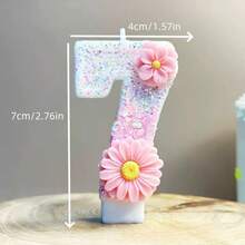 1pc Pink Flower Digit Birthday Cake Candle, Party Festival Birthday Decor Handmade Sparkling Glitter Candle - Pink Daisy - View 3