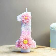 1pc Pink Flower Digit Birthday Cake Candle, Party Festival Birthday Decor Handmade Sparkling Glitter Candle - Pink Daisy - View 4