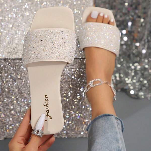 Sandalias planas talla grande para mujer, estilo vacacional, casuales y versátiles de verano con rhinestones y de fácil deslizamiento