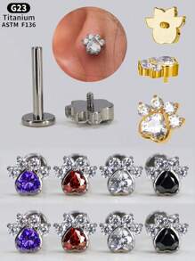 Aretes de titanio ASTM F136 con circonitas engastadas en forma de pata de gato, animal o perro, con rosca interna de 1,2 mm (calibre 16), para piercing de caracola, hélix, cartílago, lóbulo, trago y daith.