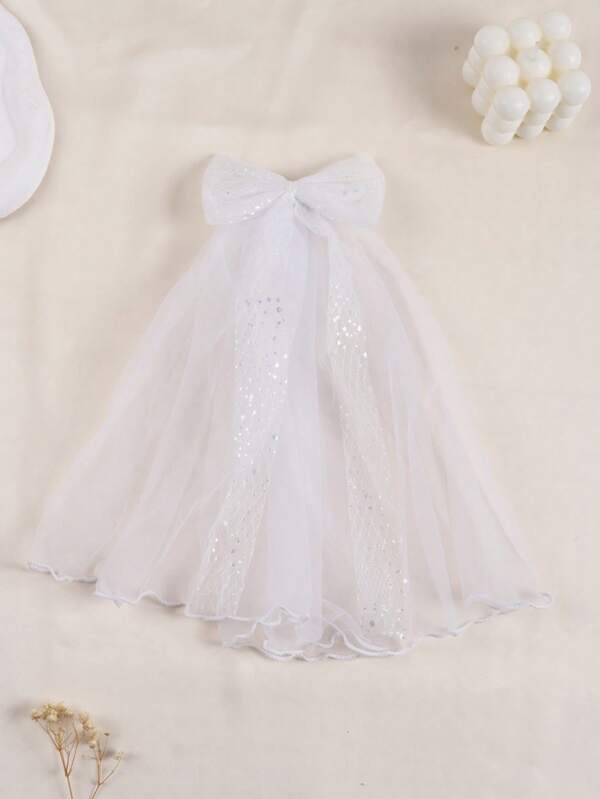 1 pieza Tocado elegante de novia con lazo de unicolor, malla y borlas, adecuado para todas las temporadas