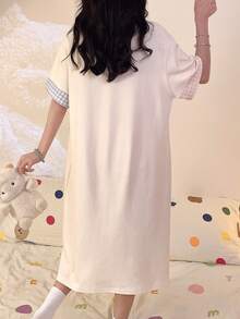 Pure Slumber Women Cute Short Sleeve Nightgown - Pullover Round Neck, Lembut & Nyaman, Desain Patchwork Lengan Asimetris, Pakaian Tidur - Aprikot - View 2