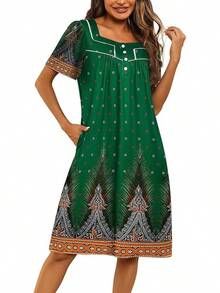 Women's House Dress With Pockets Moomoo Dresses Short Sleeve Mumu Nightgown Lounge Dress Button Down Sleepwear - Green - View 1