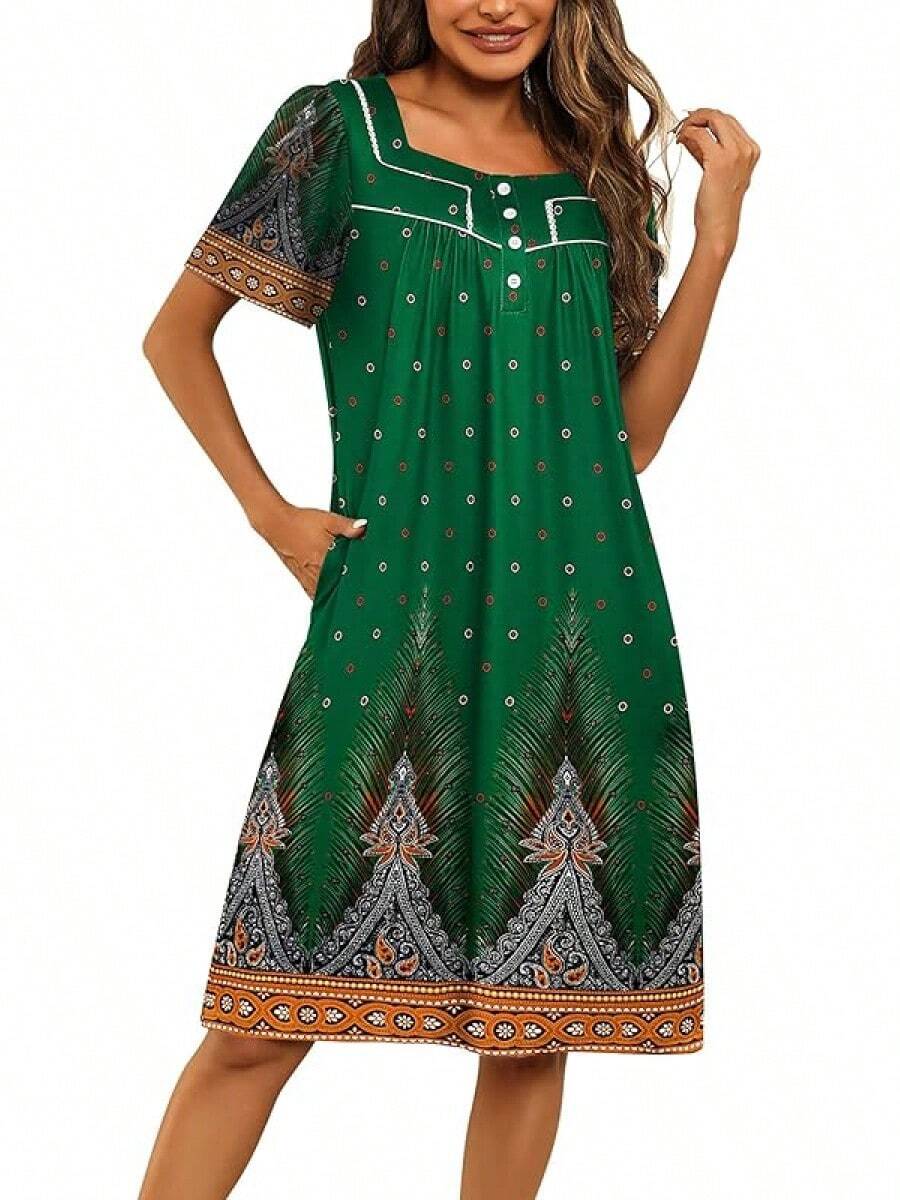 Women's House Dress With Pockets Moomoo Dresses Short Sleeve Mumu Nightgown Lounge Dress Button Down Sleepwear - Green - View 1