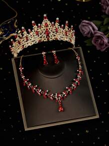 4pcs/Set Girls Children Rhinestone Alloy Crown Necklace Earrings Jewelry Set, Holiday Decoration Accessories, Suitable For Performing, Birthday Party, Suitable For Older Kids And Toddlers