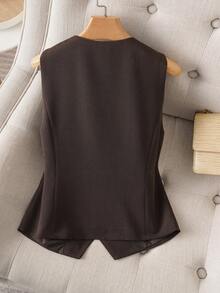 Áo vest nữ màu trơn, áo khoác cổ tròn, ôm vừa vặn, tôn dáng, xuân/thu, thời trang đi làm, nút mở, trang phục nữ - Màu nâu Sô-cô-la - Xem 2