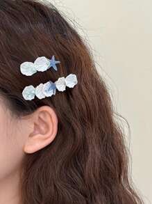 2 piezas de pasadores para el cabello con clip lateral para mujeres, accesorios para el cabello de verano con adornos de estrella de mar, concha y perla