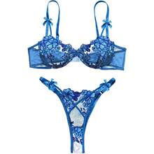 Lilosy Sexy Underwire Cute Push Up Strappy Embroidered Mesh Sheer Lingerie Set See Through Panty Bra - Hoa nơ màu xanh - Xem 1