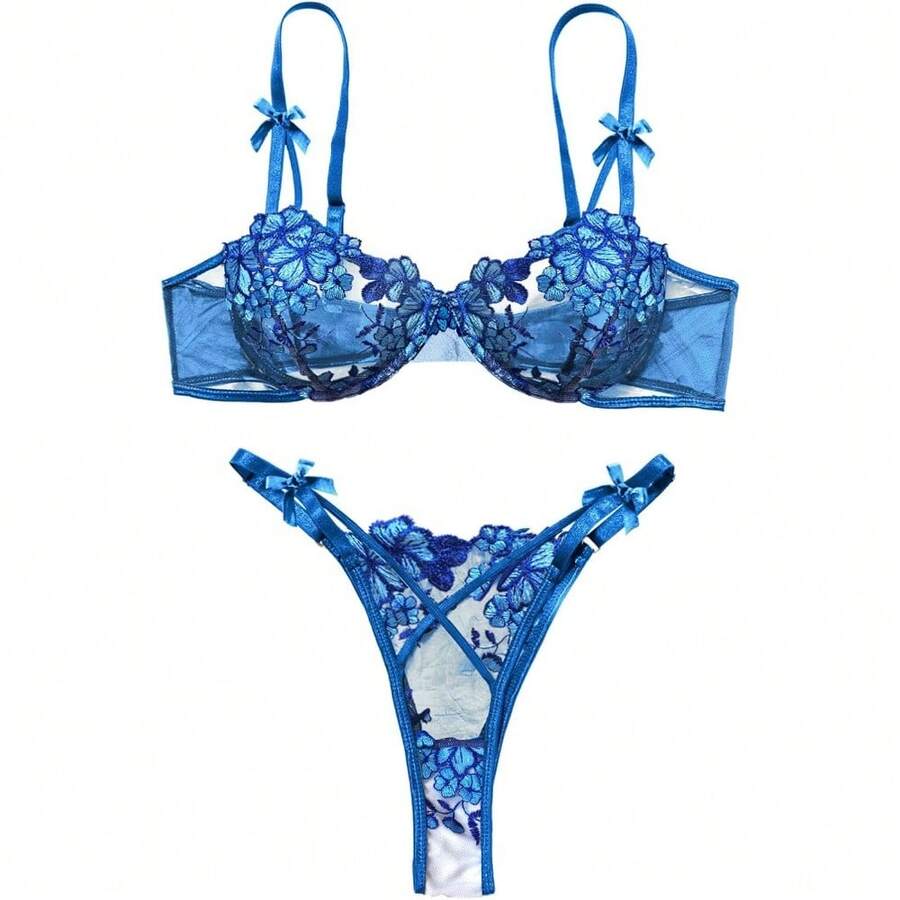 Lilosy Sexy Underwire Cute Push Up Strappy Embroidered Mesh Sheer Lingerie Set See Through Panty Bra - Hoa nơ màu xanh - Xem 1