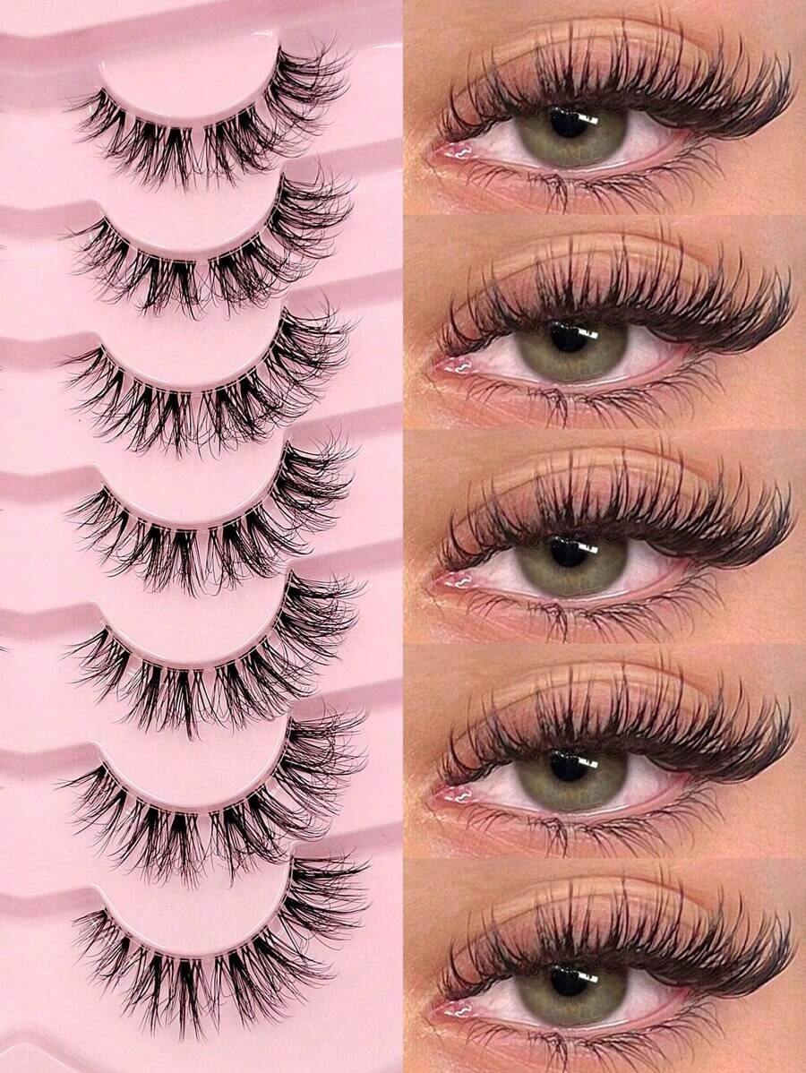 7 Pairs Natural Messy Cat Eye False Eyelashes, Transparent Band, Cat Eye Makeup Effect, Thin & Long, Extended Outer Corner, Soft & Natural Looking False Lashes - Cat Eye Lashes 10 - View 1