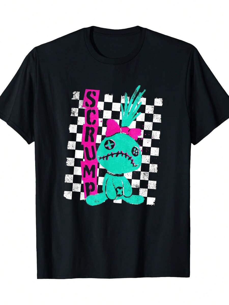Women's  Lilo & Stitch Scrump Punk Rock Style Vintage Graphic T-Shirt - 100% Cotton, Short Sleeve, Round Neck, Black With Colorful Checkered Design, Everyday Fashion | Punk Rock Fashion | Breathable Fabric - Black - View 1