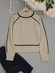 Lässiges Top für den Herbst, französischer Stil Damen gestrickter Pullover, Farbblock, Rückkehr zur Schule Kleidung, amerikanisches langes Hemd, modisch, Lehreroutfit, 70er Jahre Strickware, Pendeln, minimalistisch, Bürokleidung, Retro, einfach, französisch, einfarbiger Pullover, Vintage Herbst-Top, Apricot, Lehrerpullover, Rollkragen, Dropped-Shoulder Langarm, Damen lose Farbblock Langarm gestrickter Pullover, geeignet als Oberbekleidung