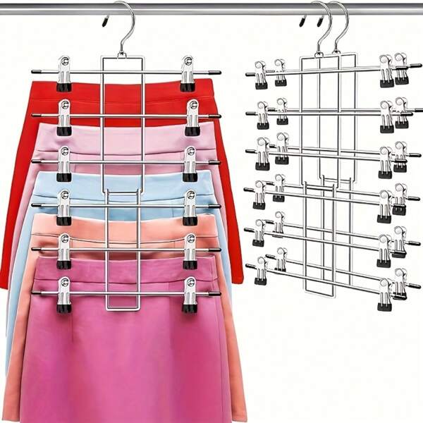 Platzsparender 6-Ebenen Rock-Aufhänger mit 360° drehbaren Haken & Clips - Metall Kleiderschrank Organizer für Hosen, Kleider & mehr, 6-Ebenen Metall Rock-Aufhänger Organizer mit 360° drehbaren Haken - Platz sparende Kleidungsaufbewahrungslösung für Hosen und Röcke, Kleiderschrank Organizer | Modernes Metallfinish | 360 Grad drehbarer Haken, Rock Organizer, Bekleidungsaufhänger