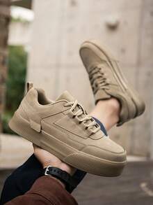 Men's Casual Vintage Solid Color Patchwork Lace-Up Round Toe Low-Top Sneakers, Fashionable Personalized Outdoor Versatile Daily Commute Couple Sports Shoes - Khaki - View 5