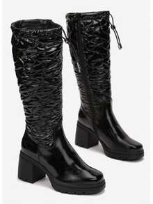 Bottes à talon compensé épais, bout rond, couleur unie avec cordon de serrage, pour un port casual au quotidien - Noir - Voir 1