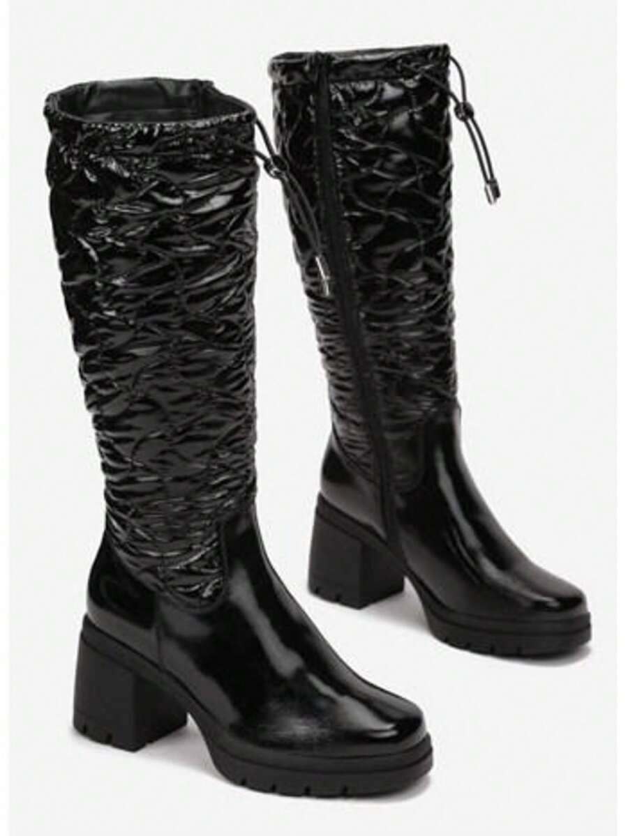 Bottes à talon compensé épais, bout rond, couleur unie avec cordon de serrage, pour un port casual au quotidien - Noir - Voir 1