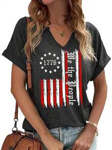 4th Of July V Neck Patriotic T-Shirts Women American Flag Print Faith Family Freedom Letter Casual Short Sleeve Tee Tops Halloween Christmas New Year - B-灰色 - 查看 1