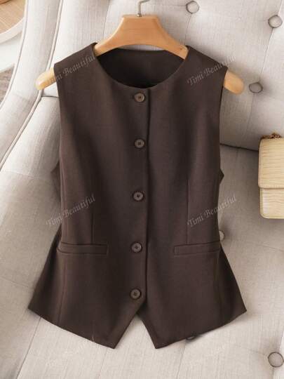 Chaleco de unicolor para mujer, chaqueta de cuello redondo, ajuste delgado, favorecedora, para primavera/otoño, de moda para ir al trabajo, con botones de apertura, ropa de señora