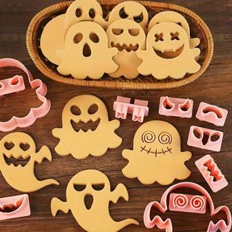Set de 10 moldes de cortadores de galletas de fantasma de Halloween, cortadores de galletas con expresión de fantasma de dibujos animados, moldes de cortadores de galletas 3D estereoscópicos para hornear DIY, moldes de plástico de fantasma de dibujos animados para pasteles de Navidad, Halloween, Acción de Gracias - Herramienta de cocción creativa