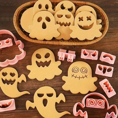 10 件万圣节鬼魂饼干模具套装，卡通鬼魂表情饼干模具，3D 立体饼干模具，用于 DIY 烘焙，塑料卡通鬼魂烘焙模具，适用于圣诞节、万圣节、感恩节假期糕点 - 创意烘焙工具
