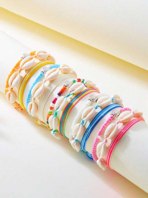 3 Stücke Boho-Stil Regenbogen Mehrfarbige Perlen Muschelarmband, handgewebte Schildkröten Armband Set, ideal als Geschenk für Studenten zum Schulstart