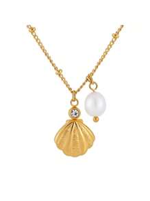 1pc Fashionable Luxurious Stainless Steel Shell & Pearl Necklace For Women, Rhinestone Decorated Pendant Freshwater Pearl Splice Neck Chain, Suitable For Daily, Date, Beach Vacation Wearing