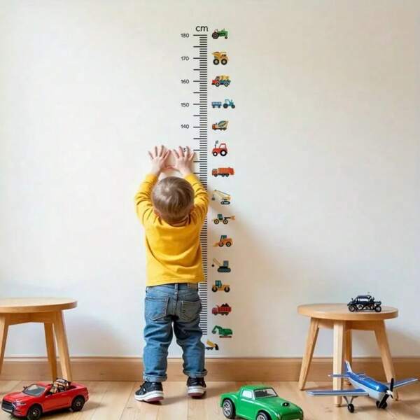 1pc Boy's Room Height Growth Chart Sticker - Colorful Construction Vehicles Wall Decals, Easy To Apply, No Residue, Educational & Fun Measurement Marks, Suitable For Children's Room Decor, Kids Room Decoration | Vibrant Sticker | Plastic Construction, Children Room Decoration