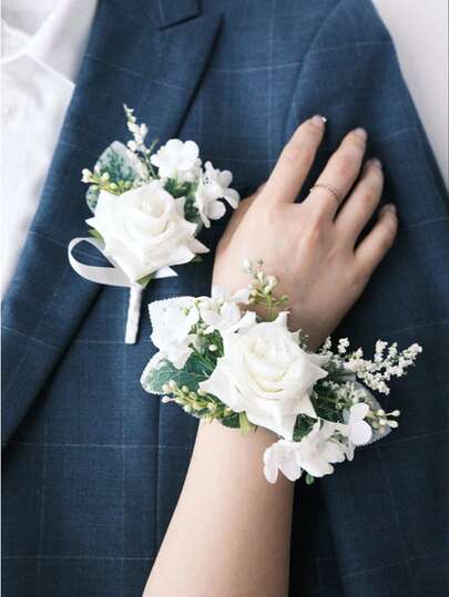 2pcs Rustic Artificial Flower, Leaf And Berry Decor Boutonniere For Groom/Groomsman, Wrist Corsage For Bride/Bridesmaid Valentine's Day Accessories