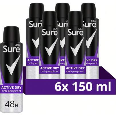 Sure Men Active Dry Anti-Perspirant Deodorant Aerosol 48h Protection Anti-Perspirant Deodorant Spray For Effective Sweat And Odour Protection 6x 150 Ml