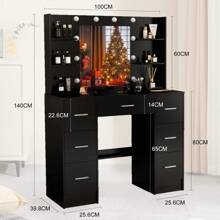 Large Vanity Desk With Lighted Mirror & Drawer Dressing Table LED Lights - Black Dressing Table Set With Drawers And Open Shelves