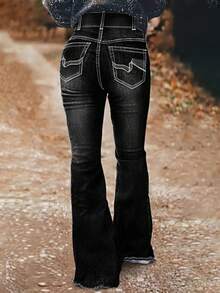 Women's Retro Black Frayed Hem Geometric Embroidery Slim-Fit Slightly Flared Jeans – Elegant Mature Style For All Seasons - 黑色 - 查看 3