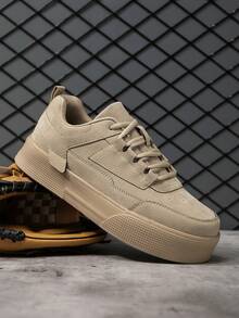 Men's Casual Vintage Solid Color Patchwork Lace-Up Round Toe Low-Top Sneakers, Fashionable Personalized Outdoor Versatile Daily Commute Couple Sports Shoes - Khaki - View 6