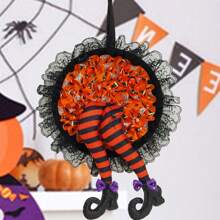 1 pièce Couronne d'Halloween de 40*26cm comme du tissu, décoration de couronne de porte d'entrée pour Halloween, pour porte, porche, fenêtre, décoration de fête intérieure - Orange/Violet