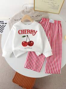 Toddler Cartoon Print Warm Crew Neck Sweatshirt And Plaid Pants Set - Red - View 1