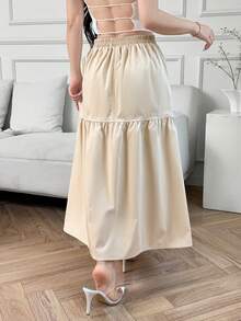 Falda midi de línea A con decoración de botón metálico, elegante para mujeres - Albaricoque - Ver 2