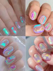 6 Peças Adesivos de Unha de Cubo de Gelo Transparente Aurora - Paetês de Papel de Vidro 3D Holográfico de Cubo de Gelo Transferência de Telefone de Arte de Unha - Adesivos de Foil Coreanos Autoadesivos Reflexivos Arco-Íris para Decoração de Unha