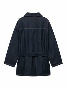 SHIBASHAN 女款超大休闲翻领牛仔夹克配腰带长袖单排扣外套