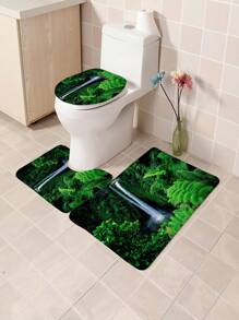 1pc/4pcs Charming Forest Waterfall With Green Leaves & Plant Pattern Bathroom Decorative Waterproof Shower Curtain Set, Includes 12 Hooks, Bathroom Anti-Slip Mat, U-Shaped Floor Mat And Round Toilet Lid Cover, Versatile Bathroom Set Back To School